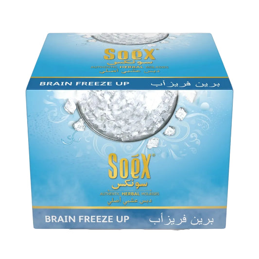 Box of Soex Herbal Molasses 250g with 'Brain Freeze UP' flavor branding, predominantly blue packaging with white and blue graphics and text.