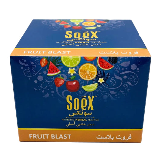 Packaging of Soex Herbal Molasses 250g with 'Fruit Blast' flavor depicted through colorful fruit images on the front.
