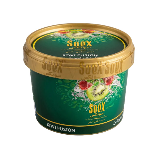 A container of Soex Herbal Molasses labeled as Kiwi Fusion, which is a 250g hookah mix. The packaging is predominantly green with images of kiwi fruits and leaves, and the brand's logo.