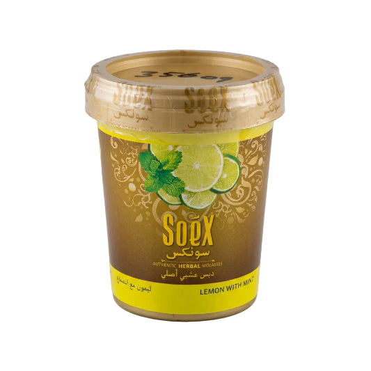 A container of Soex Herbal Molasses, 250g, with the flavor lemon with mint, featuring images of lemons and mint leaves on the label.