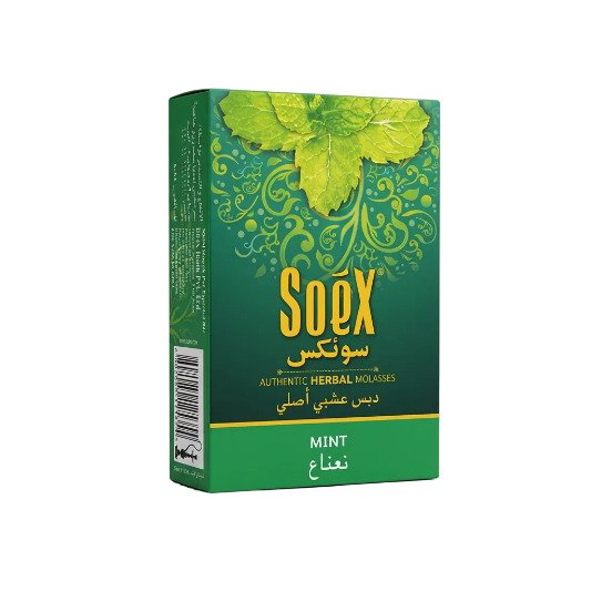 Packaging of Soex Herbal Molasses 50g - Mint with green color and mint leaf graphics.