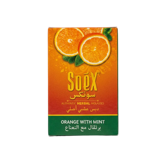 Packaging of Soex Herbal Molasses 50g - Orange With Mint, showing the brand name, product name, and images of oranges and mint.