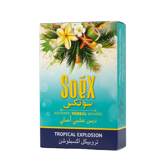 Packaging of Soex Herbal Molasses 50g - Tropical Explosion with an image of a plumeria flower and palm leaves on the front.
