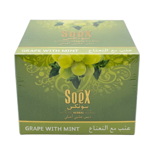 A pack of Soex Herbal Molasses in 250g size, with the flavor 'Grape with Mint' prominently displayed on the green packaging.