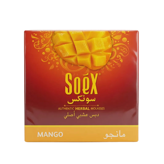 Packaging of Soex Herbal Molasses 250g with mango flavor, predominantly red and yellow with text and mango slice graphics.