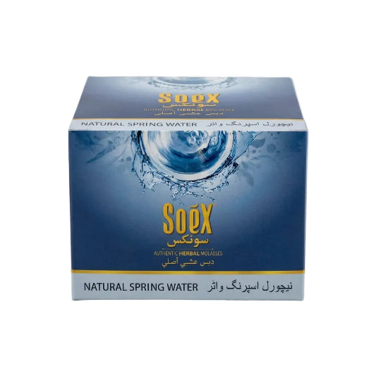A blue rectangular box of SoeX Natural Spring Water Nutrient & Herbal Fertilizer, featuring a water splash graphic and gold and white text, set against a plain white background.