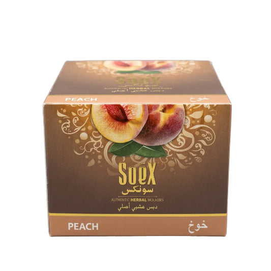 Box of Soex 250gm peach herbal incense with peaches and decorative elements on a brown background