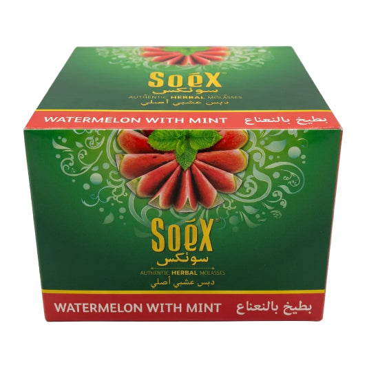 Packaging of Soex Herbal Molasses 250g with 'Watermelon With Mint' flavor, predominantly green and red color scheme.