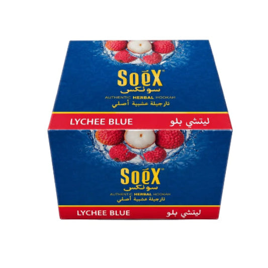 A box of SoeX Lychee Blue herbal hookah herbal molasses , featuring a blue and red design with illustrations of fresh lychees and raspberries, on a white background.