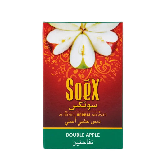 Packaging of Soex Herbal Molasses 50g with 'Double Apple' flavor, featuring red and green colors and images of apples.
