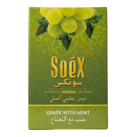 A pack of Soex Herbal Molasses, 50g, with the flavor 'Grape with Mint' indicated on the front.