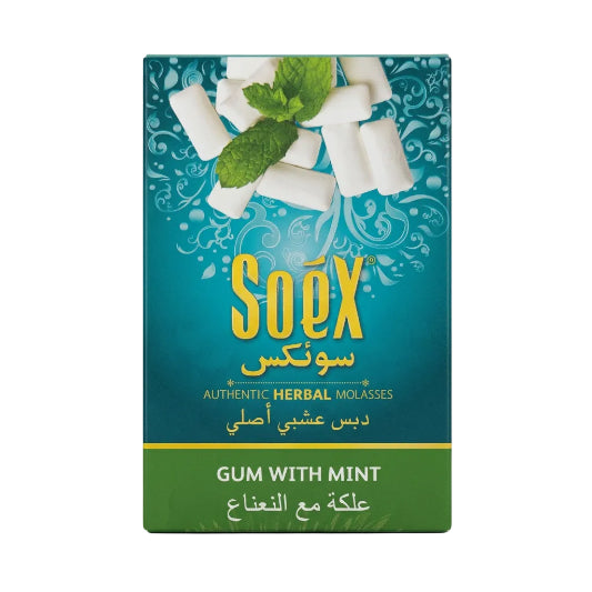 Packaging of Soex Herbal Molasses gum with mint, featuring an image of the gum and mint leaves, with blue and green decorative patterns in the background.