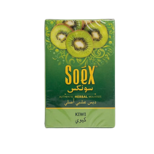 Packaging of Soex Herbal Molasses with kiwi flavor, predominantly green color, with images of kiwi fruits on the front.