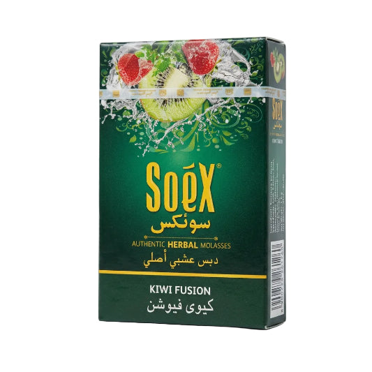 Packaging of Soex Herbal Molasses, with the flavor 'Kiwi Fusion' indicated on the front.
