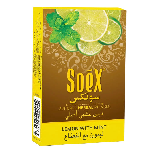 Packaging of Soex Herbal Molasses, 50g, with lemon and mint flavors, in a yellow and green box.
