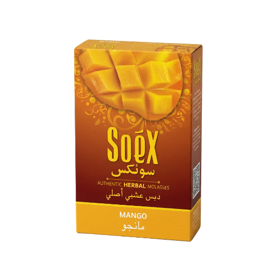 Packaging of Soex Herbal Molasses with mango flavor, featuring an image of ripe mangoes and the brand's logo.