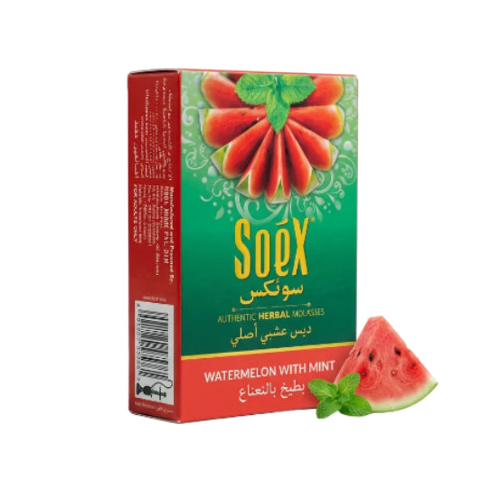 A box of Soex Herbal Molasses 50g in Watermelon with Mint flavor, predominantly green and red packaging with product name displayed.
