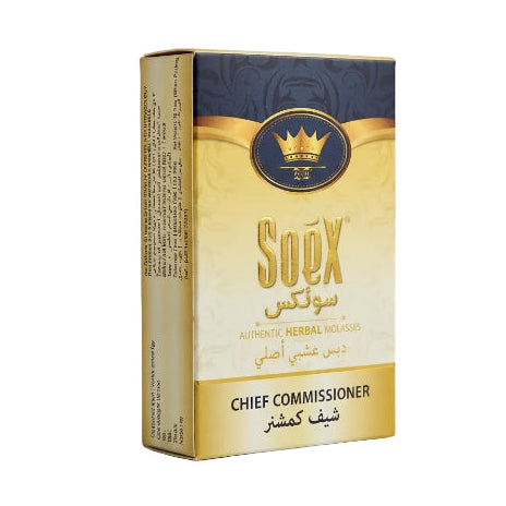 A pack of Soex Herbal Molasses 50g hookah flavor in a gold and black box with the name 'Chief Commissioner' visible.