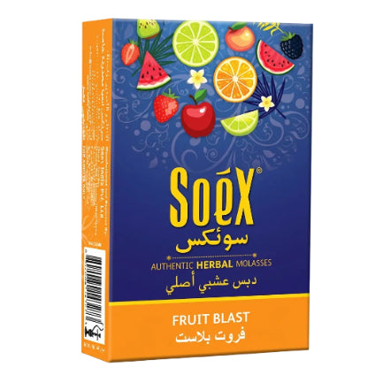 A box of Soéx Fruit Blast authentic herbal molasses, featuring a blue and orange packaging design with illustrations of various fruits on a white background.