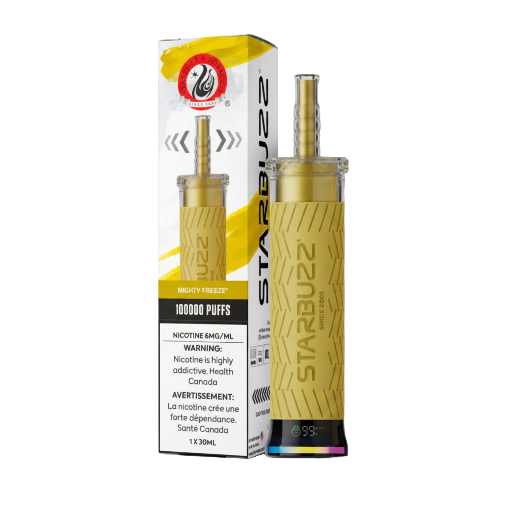 A Starbuzz Mighty Freeze disposable vape device in a metallic gold finish with a clear mouthpiece, shown next to its white and yellow retail packaging box on a plain white background.