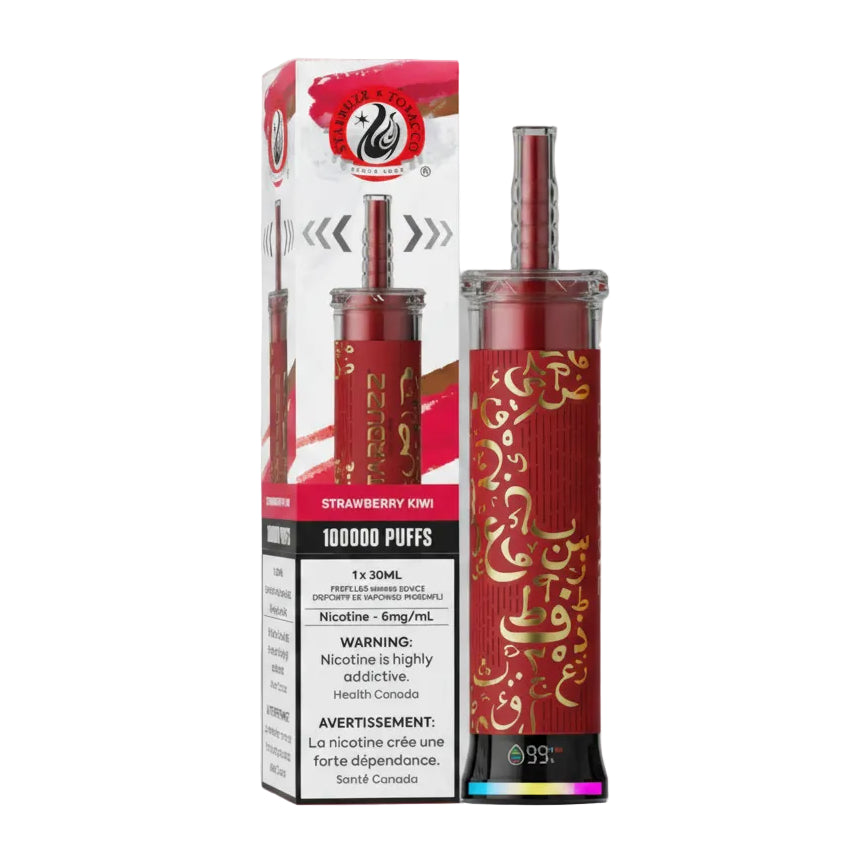 A 30 mL pre-filled vape in Strawberry Kiwi flavor, shown next to its retail packaging. The device features a deep red body with gold Arabic calligraphy and a black base with a small multicolor LED ring.