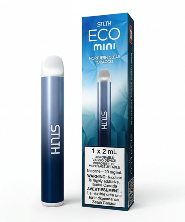 Stlth Eco Mini disposable vape device in blue with a white mouthpiece, shown next to its matching blue and white packaging box on a plain white background.