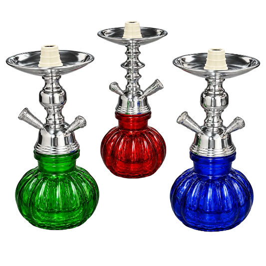 Three hookahs with silver metal stems and bowls, featuring green, red, and blue faceted glass bases on a white background.