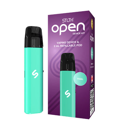 Teal vaping device with purple packaging on a white background