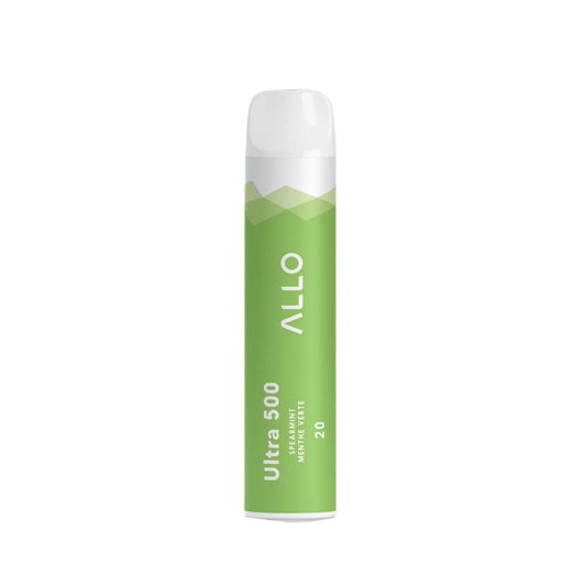 Green and white disposable spearmint vape named 'ALLO' on a white background