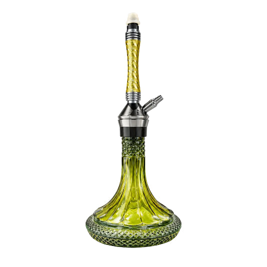 A decorative glass hookah with a yellow  patterned base, a textured yellow stem, and a silver metal mouthpiece, shown on a plain white background.