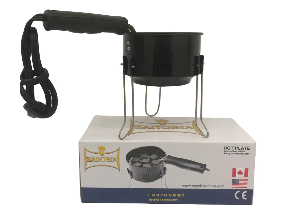 Zanobia charcoal burner with packaging on a white background