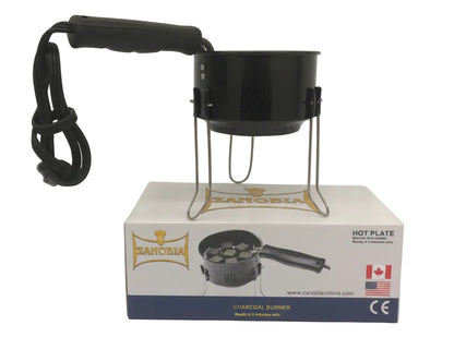 Zanobia charcoal burner with packaging on a white background