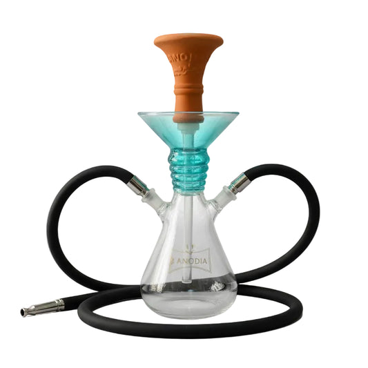 Glass hookah with a brown ceramic head on a white background