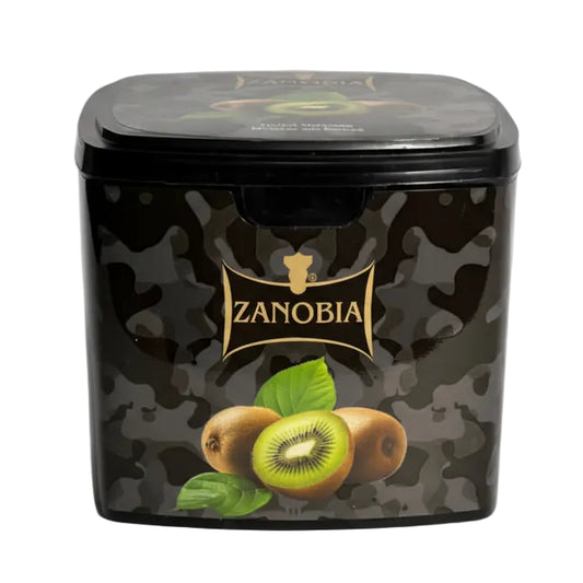 Zanobia Hookah Molasses tin with kiwi illustration on a Black Box