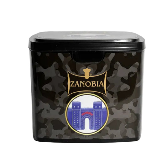 Zanobia hookah molasses magic tin with camouflage pattern and logo on a white background