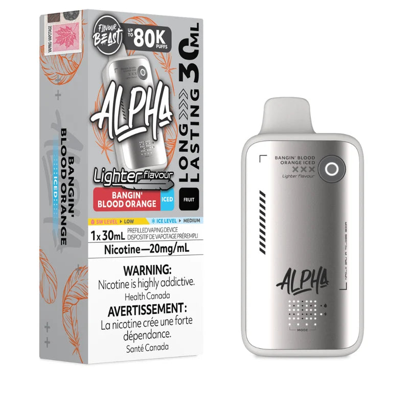 Alpha 80K prefilled vape pen and its retail packaging box in Bangin Blood Orange flavor, displayed on a clean white background.