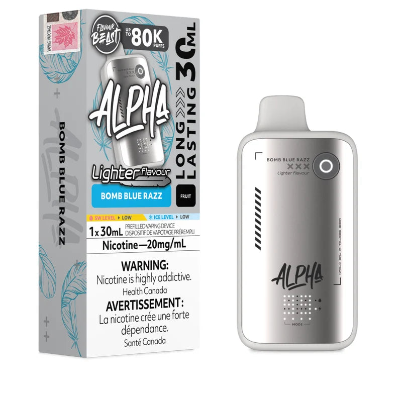 Alpha Bomb Blue Razz prefilled vape pen and its retail packaging box, featuring a silver and white design with blue accents.