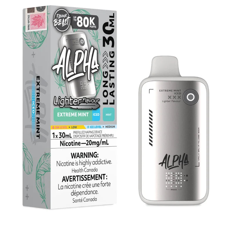 Alpha Lighter Flavour 80K disposable vape device next to its retail packaging box, featuring a silver and white design with green leaf accents and black text.