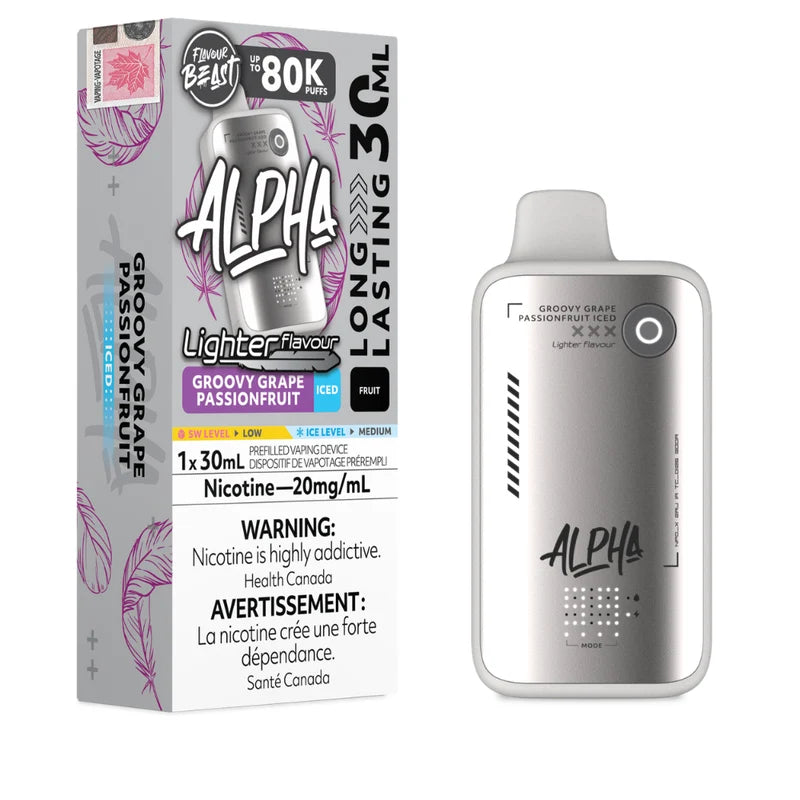 Alpha Lighter Flavour Groovy Grape Passionfruit Ice disposable vape device next to its retail packaging box, featuring a silver and white design with purple accents.