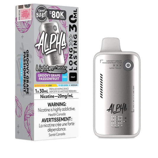 Alpha Lighter Flavour Groovy Grape Passionfruit Ice disposable vape device next to its retail packaging box, featuring a silver and white design with purple accents.