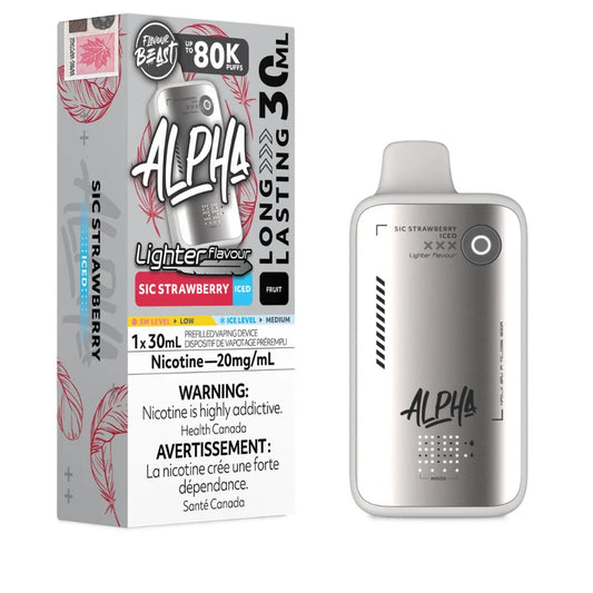 Alpha Sic Strawberry prefilled disposable vape device next to its retail packaging box, featuring a metallic silver body with black details and red leaf accents.