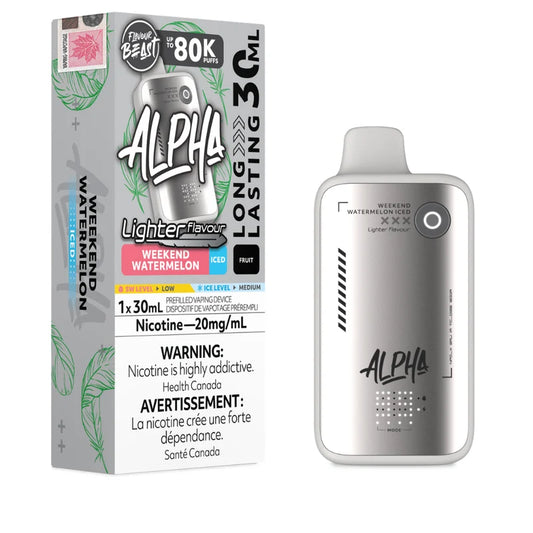 A disposable vape device and its retail packaging box from the brand Flavour Beast, featuring the flavor Weekend Watermelon. The device is metallic silver with a white mouthpiece, and the box is white with green leaf patterns and black text.