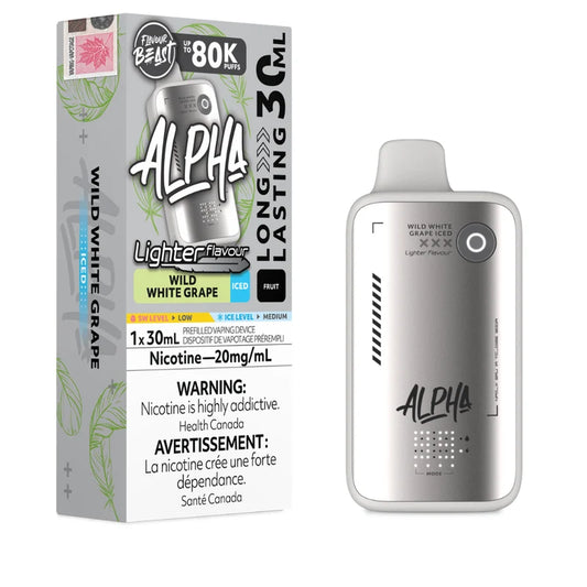 Alpha Lighter Flavour Wild White Grape disposable vape device shown next to its retail packaging box on a plain white background.