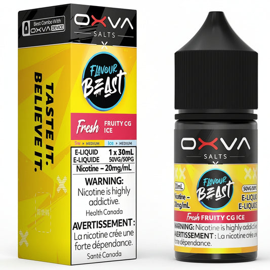 OXVA Salts 'Flavour Beast' Fresh Fruity CG Ice e-liquid shown with its retail box packaging and a single 30 mL bottle 