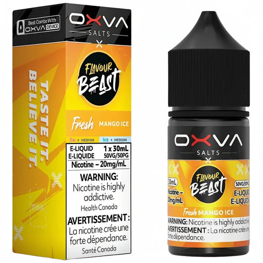 OXVA Salts Flavour Beast x Fresh Mango Ice e-liquid shown with its retail box and matching bottle. The packaging features a bold yellow and orange design with black text and a black cap on the bottle.