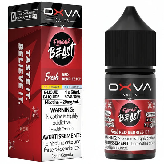 OXVA Salts Flavour Beast Fresh Red Berries Ice e-liquid shown with its retail box and matching bottle on a plain white background.
