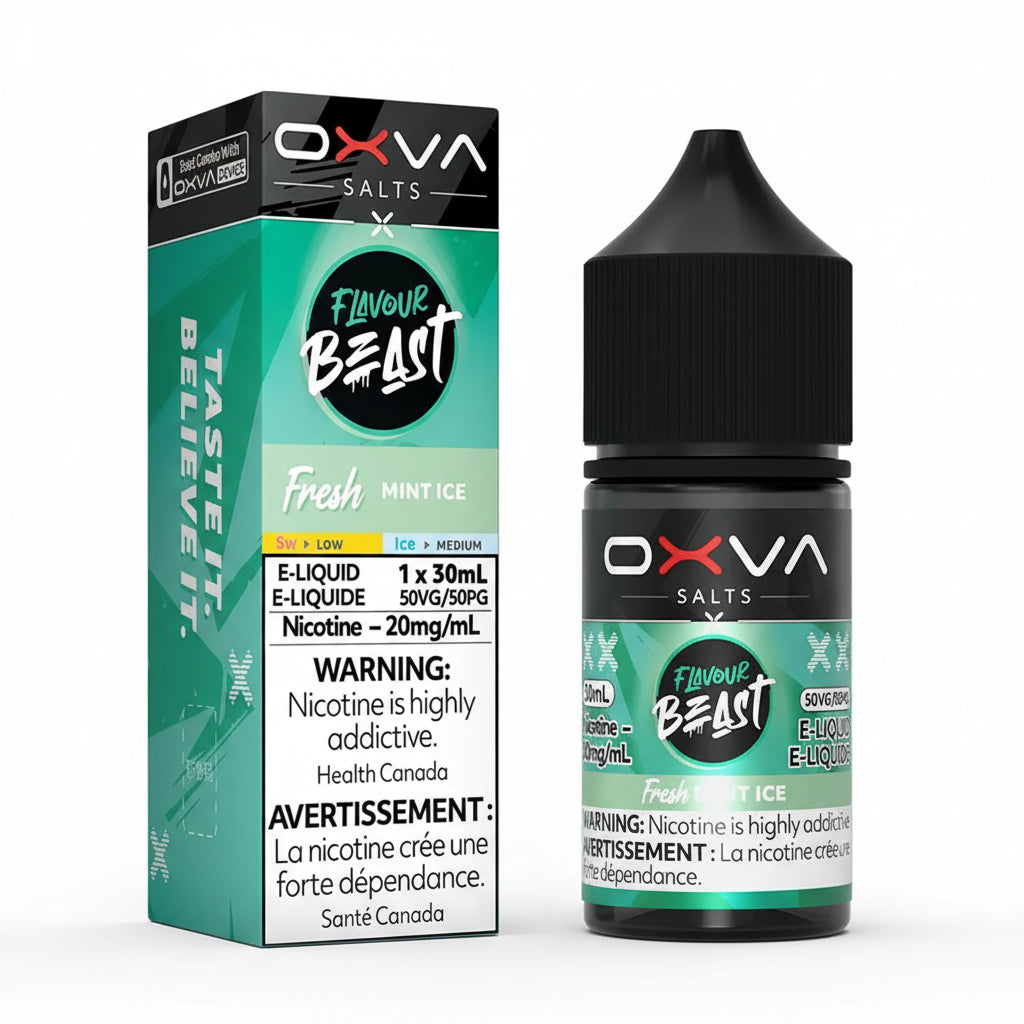OXVA Salts Flavour Beast x Fresh Mint Ice e-liquid shown with its retail box and matching bottle. The packaging features a vibrant teal and green gradient with white and black text, and includes standard health warnings.