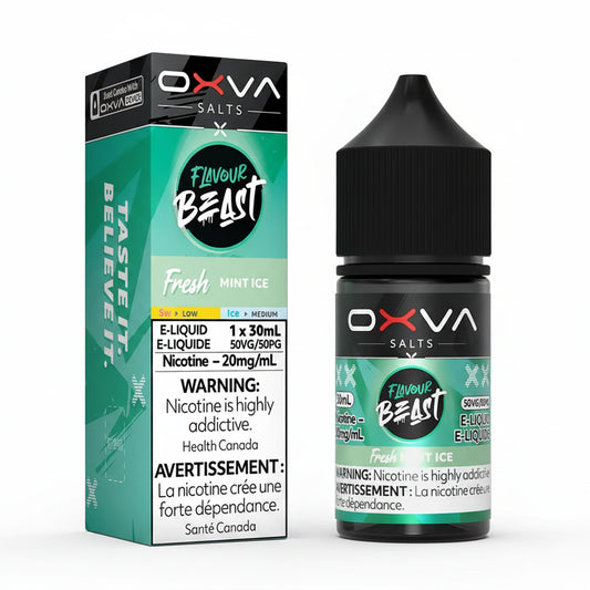 OXVA Salts Flavour Beast x Fresh Mint Ice e-liquid shown with its retail box and matching bottle. The packaging features a vibrant teal and green gradient with white and black text, and includes standard health warnings.