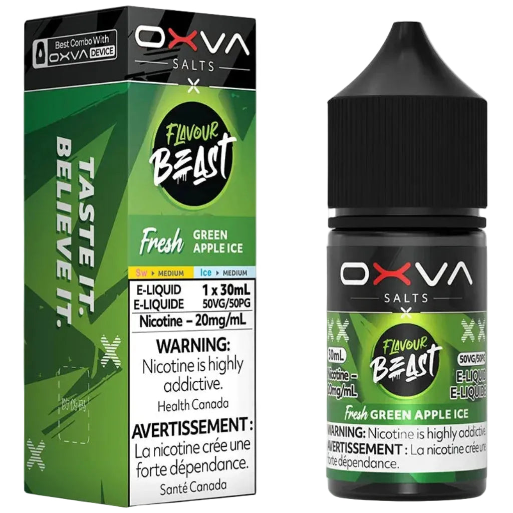 OXVA Salts Flavour Beast x Fresh Green Apple Ice e-liquid shown with its retail box and matching bottle on a plain white background.
