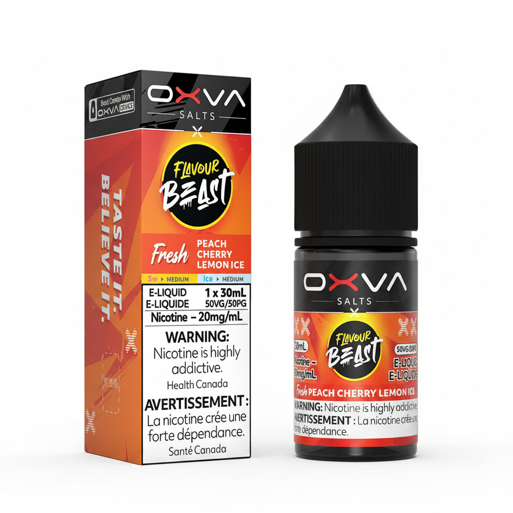 OXVA Salts Flavour Beast x Fresh Peach Cherry Lemonice e-liquid shown with its retail box and matching bottle. The packaging features a vibrant orange, red, and black design with product details, flavor notes, and health warnings.
